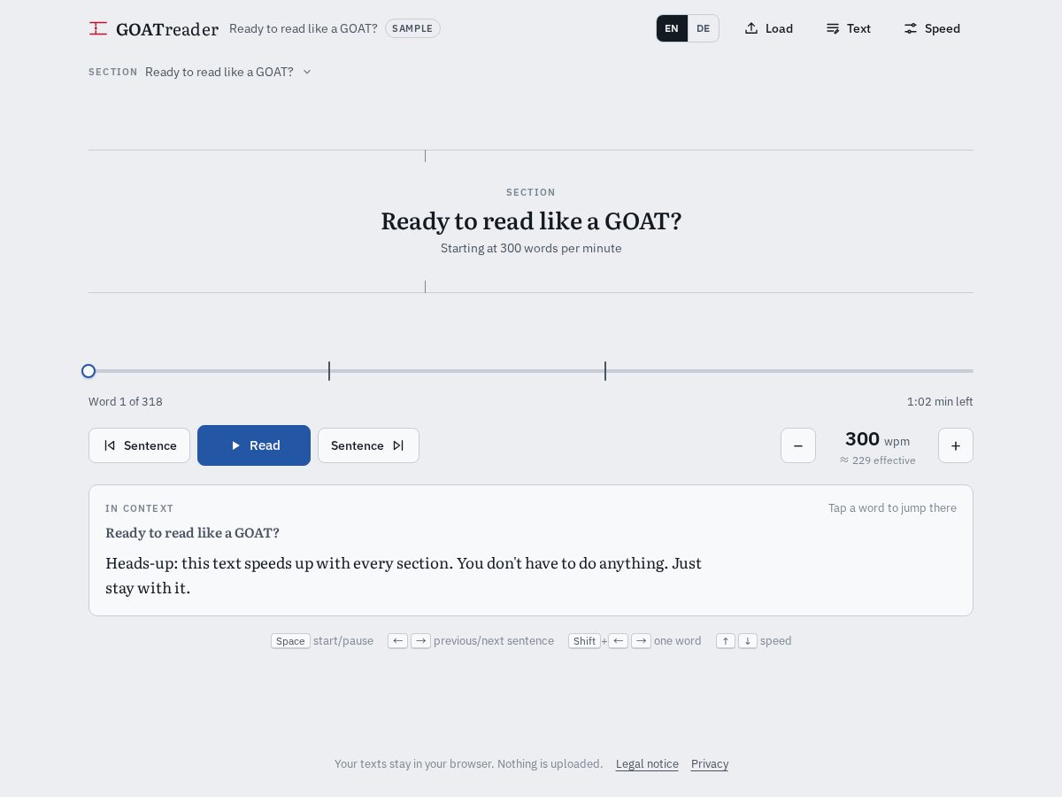 Landing-page snapshot of goatreader.app