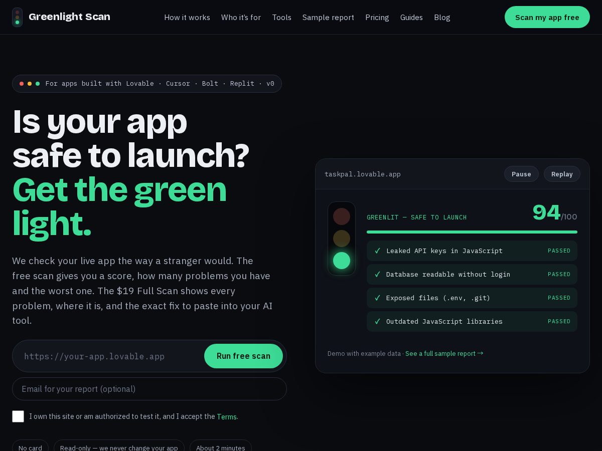 Landing-page snapshot of greenlightscan.com
