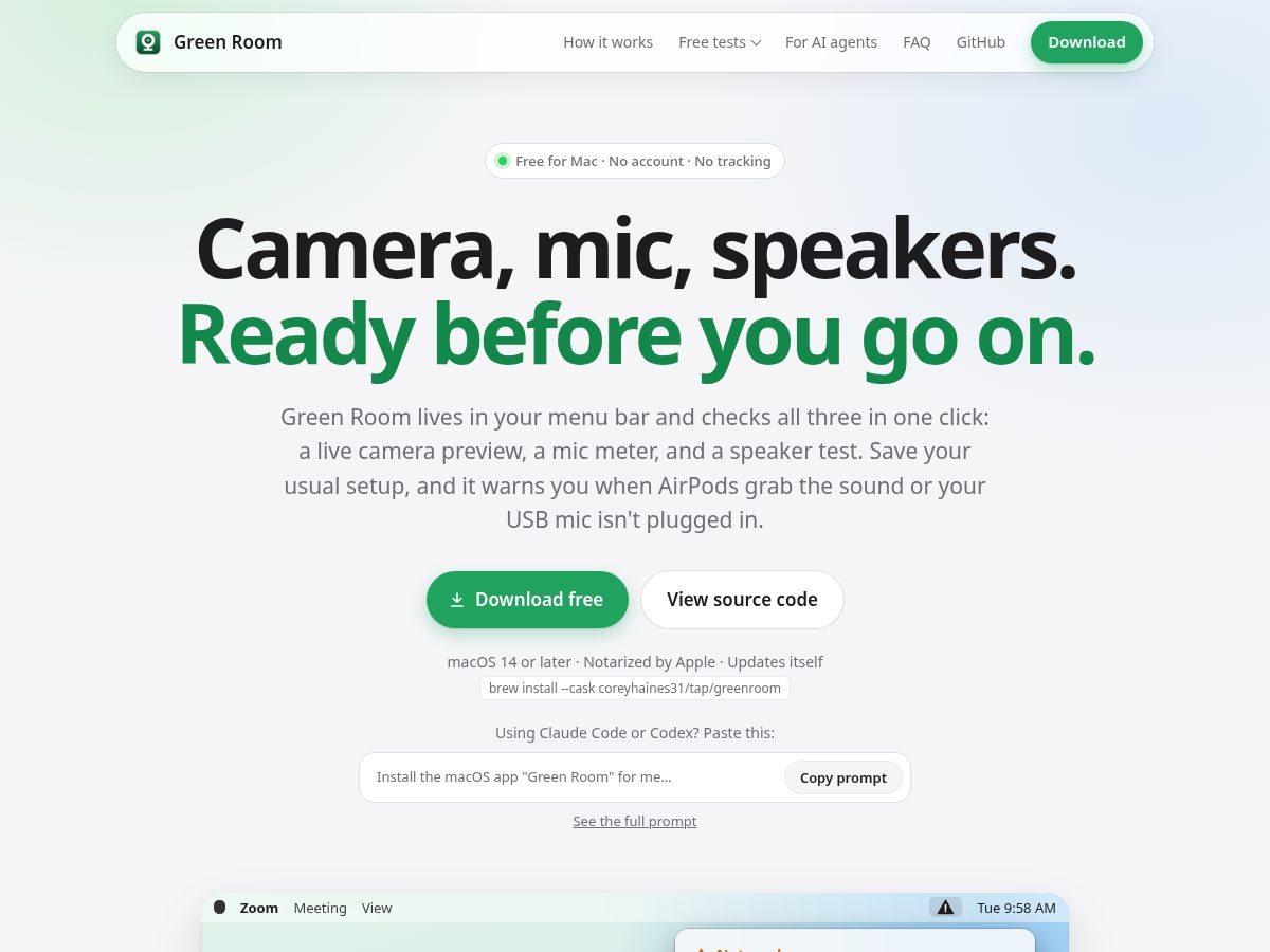 Landing-page snapshot of greenroomformac.com