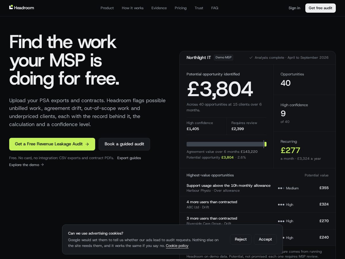 Landing-page snapshot of headroommsp.com