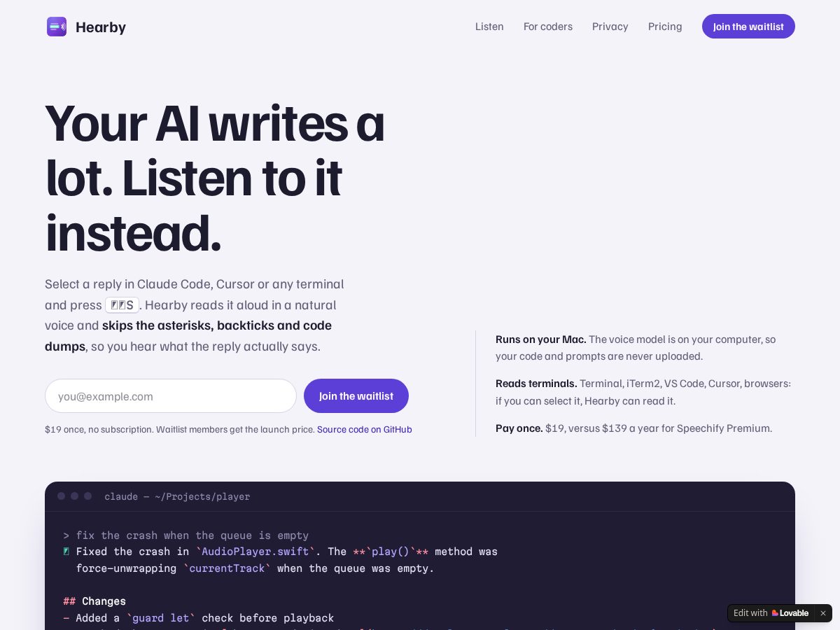 Landing-page snapshot of hearby.app