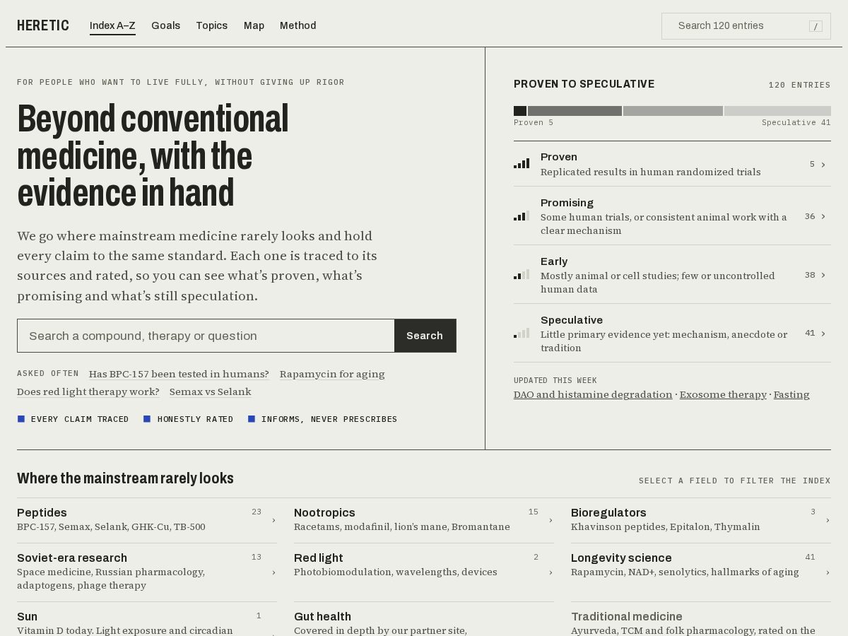 Landing-page snapshot of heretic.bio