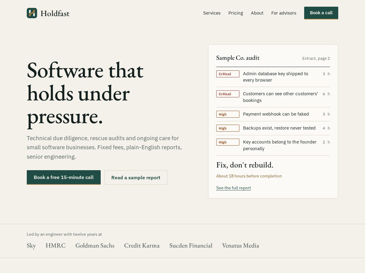 Landing-page snapshot of holdfastapps.com