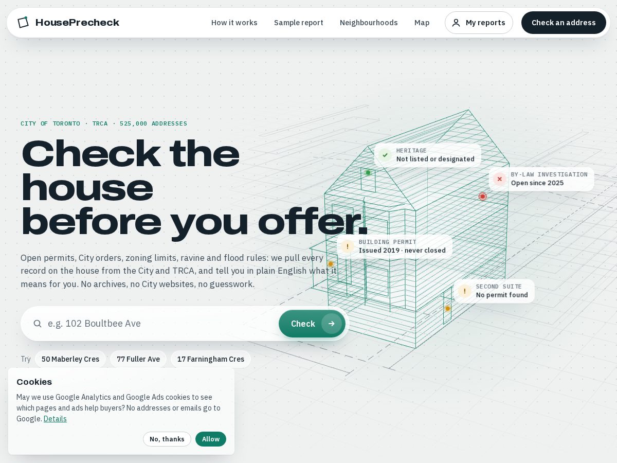 Landing-page snapshot of houseprecheck.com