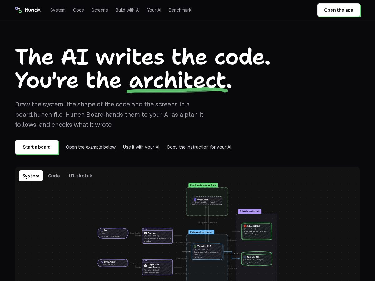 Landing-page snapshot of hunchboard.dev
