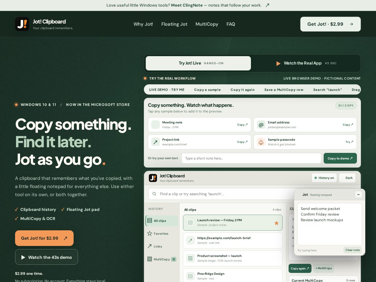 Landing-page snapshot of jotclipboard.com