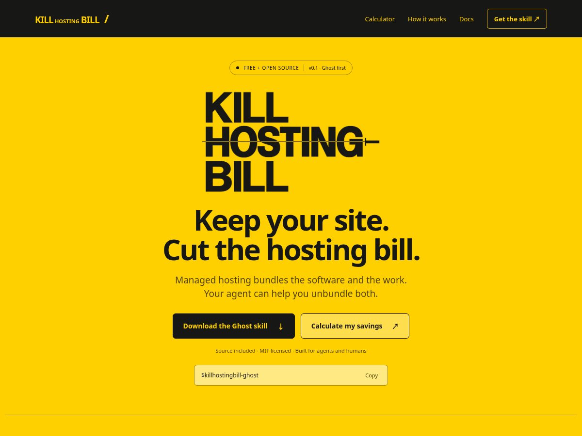 Landing-page snapshot of killhostingbill.com
