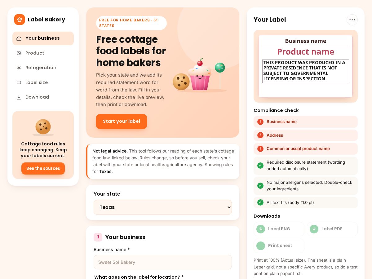 Landing-page snapshot of labelbakery.com