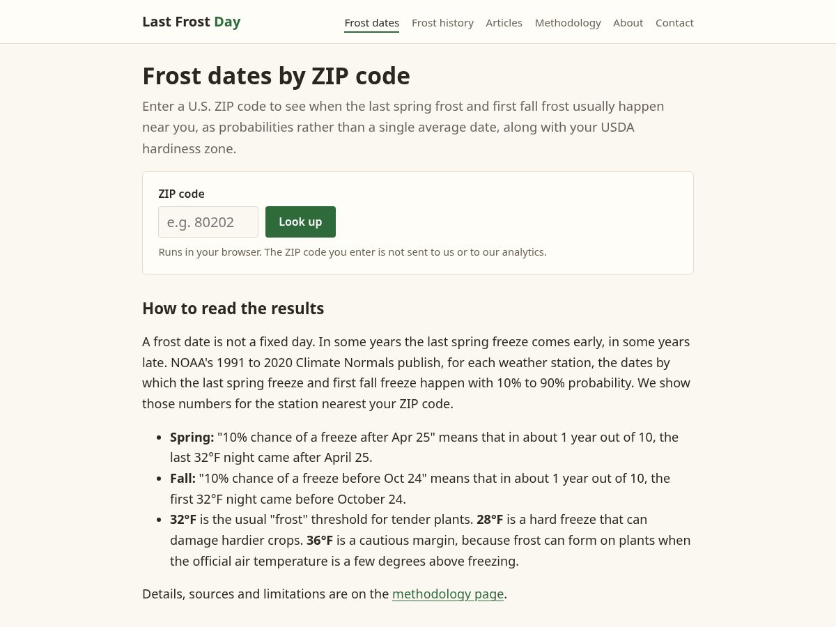 Landing-page snapshot of lastfrostday.com