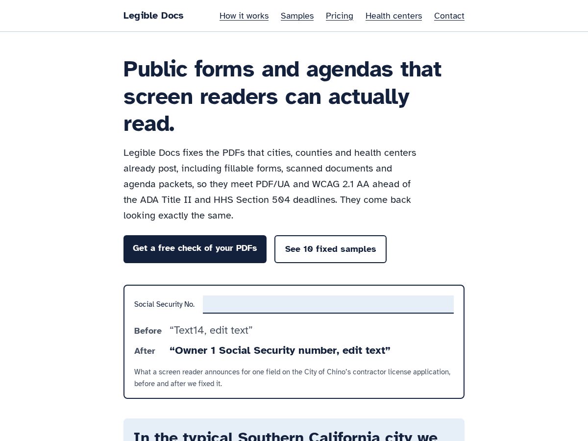Landing-page snapshot of legibledocs.com