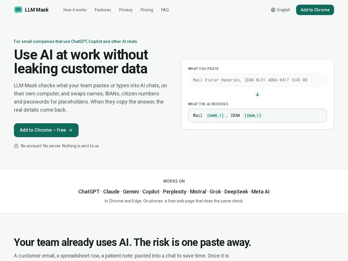 Landing-page snapshot of llmmask.app