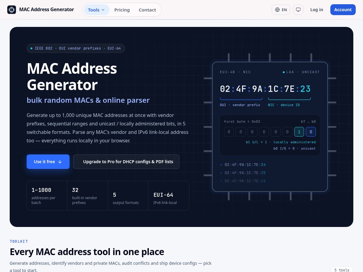 Landing-page snapshot of macaddressgenerator.com