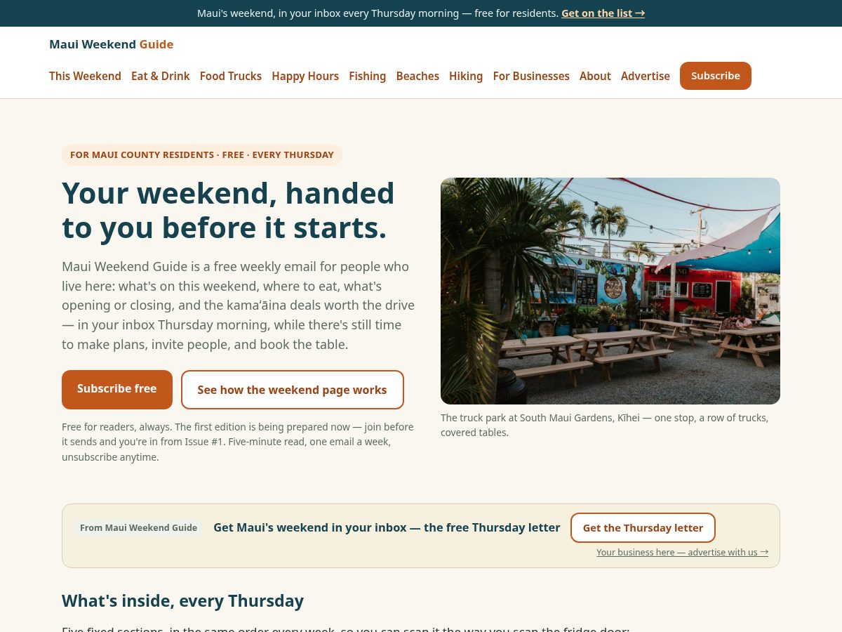 Landing-page snapshot of mauiweekendguide.com