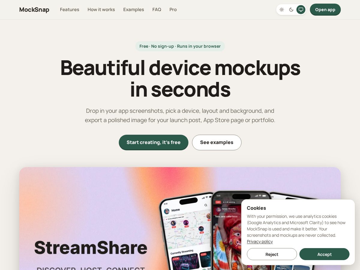 Landing-page snapshot of mocksnap.app