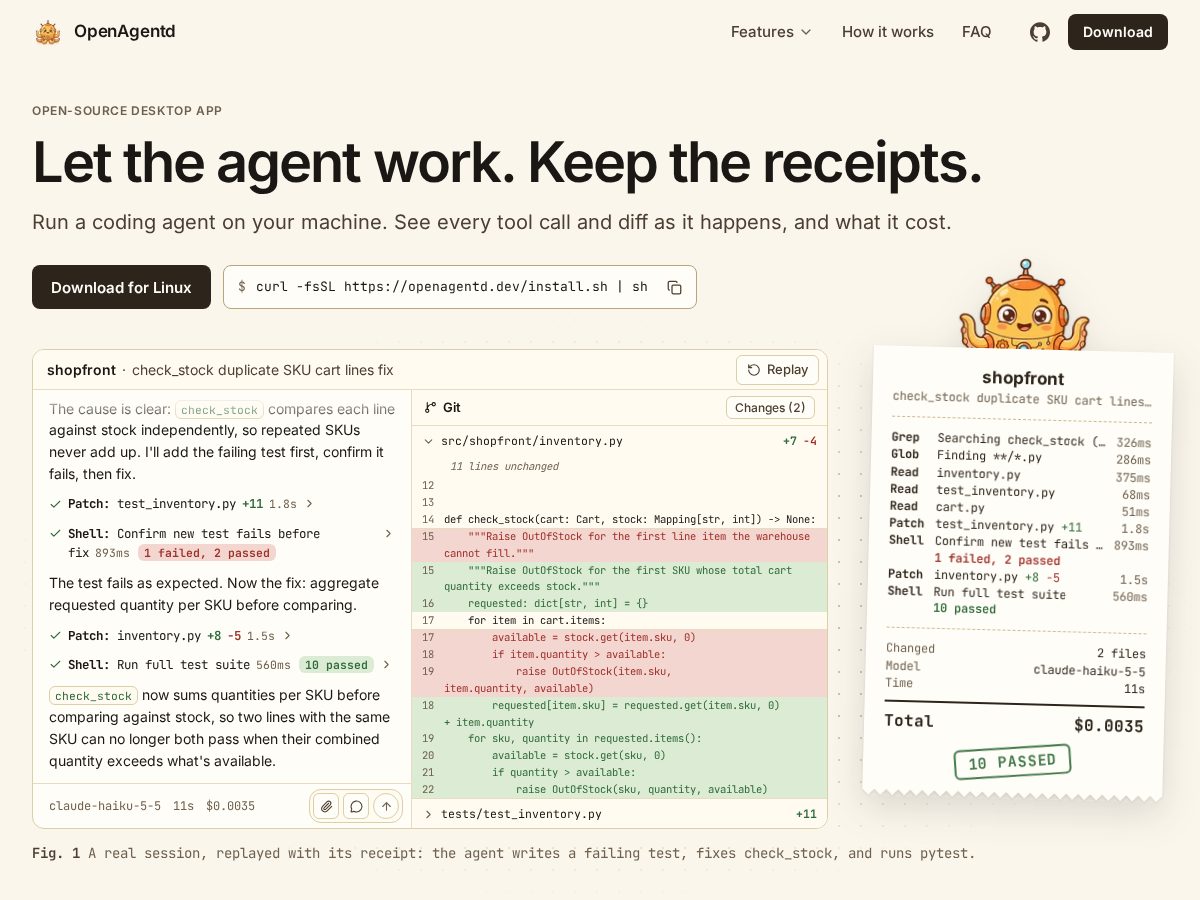 Landing-page snapshot of openagentd.dev