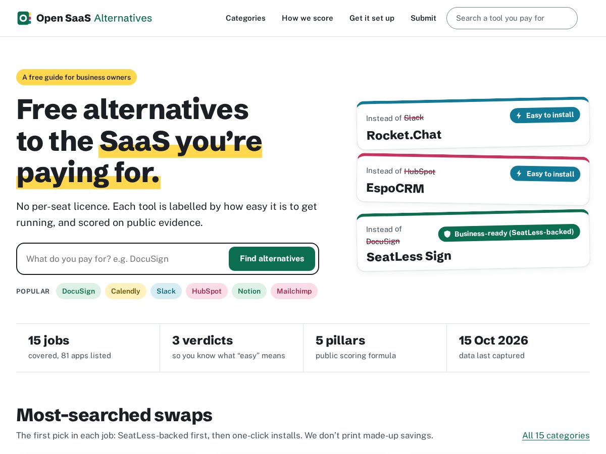 Landing-page snapshot of opensaasalternatives.com