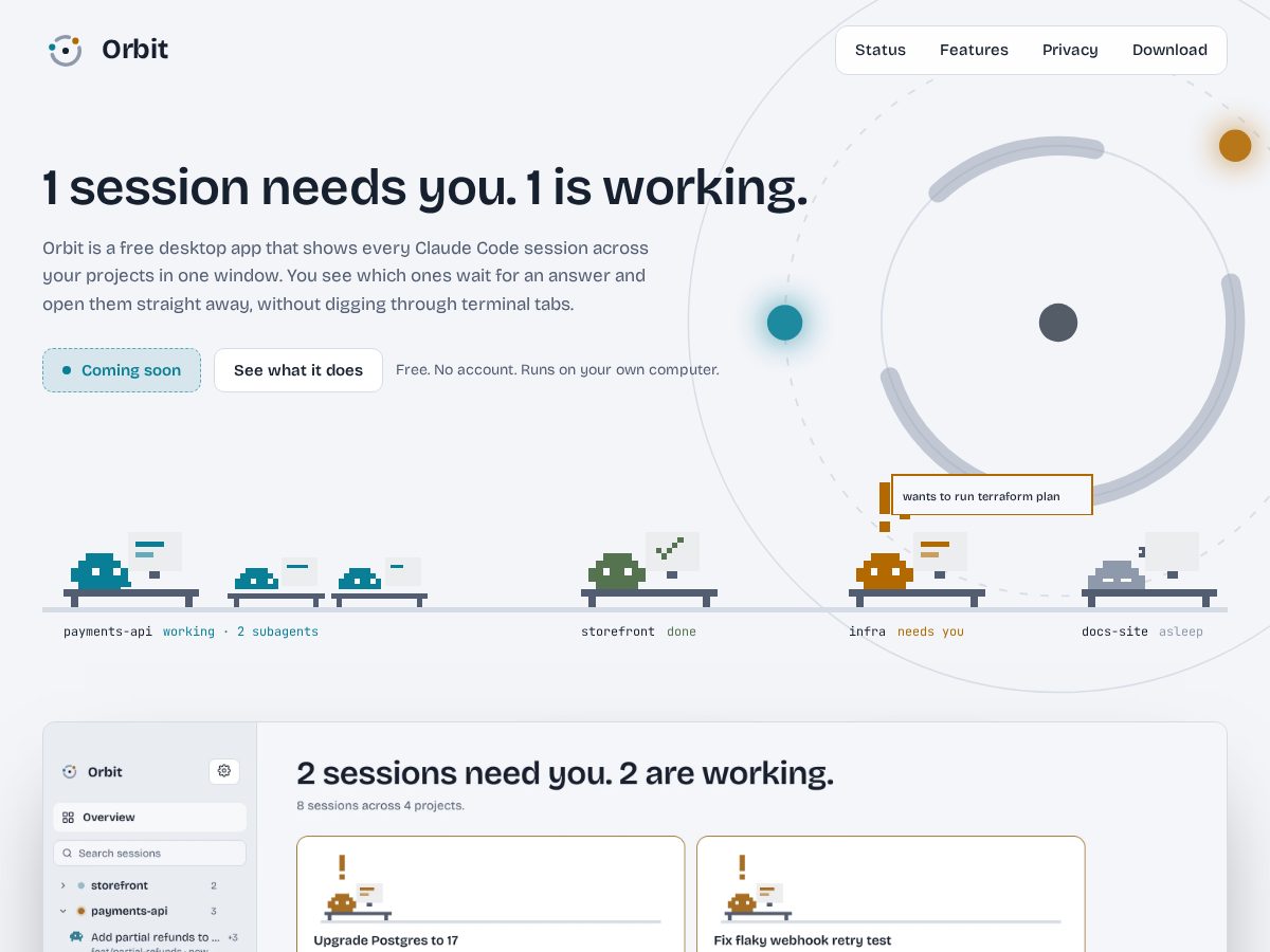 Landing-page snapshot of orbitsessions.dev