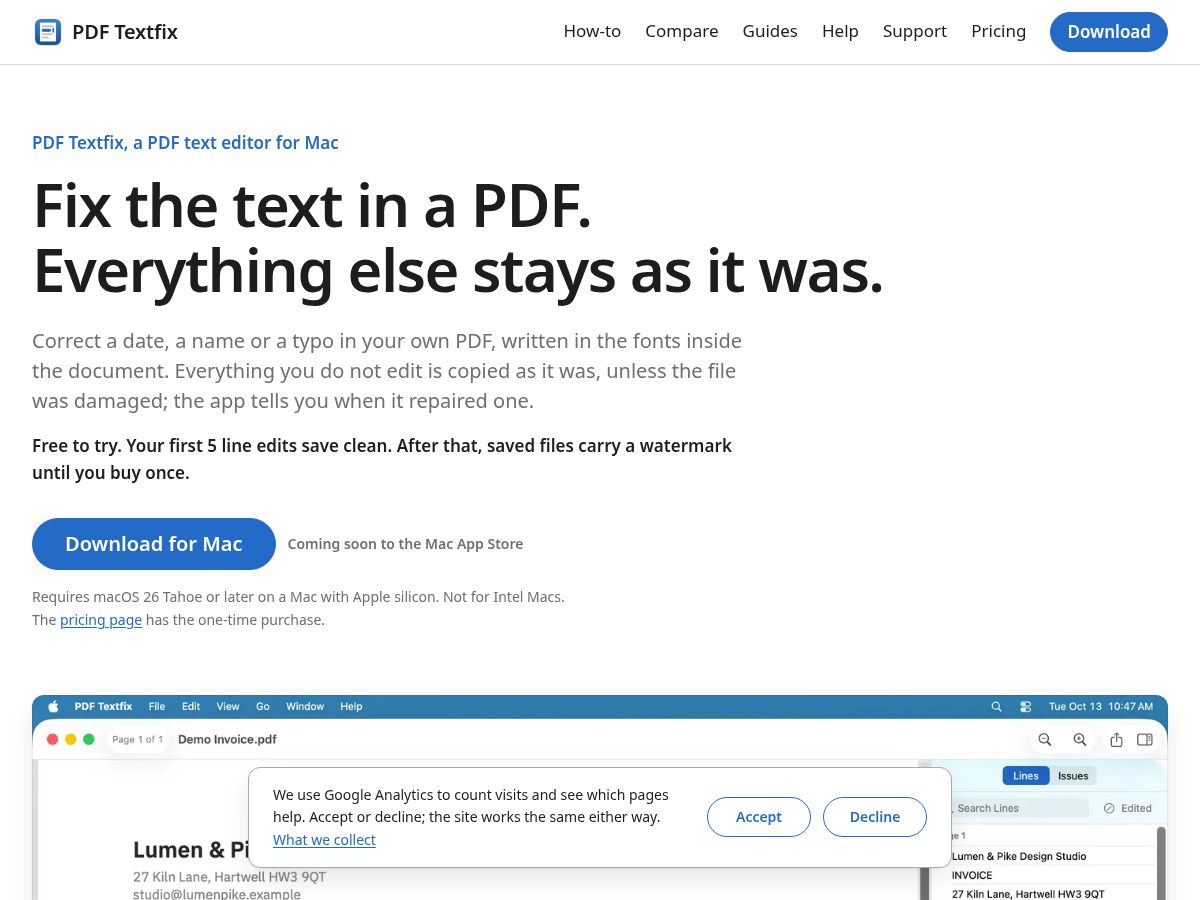 Landing-page snapshot of pdftextfix.com