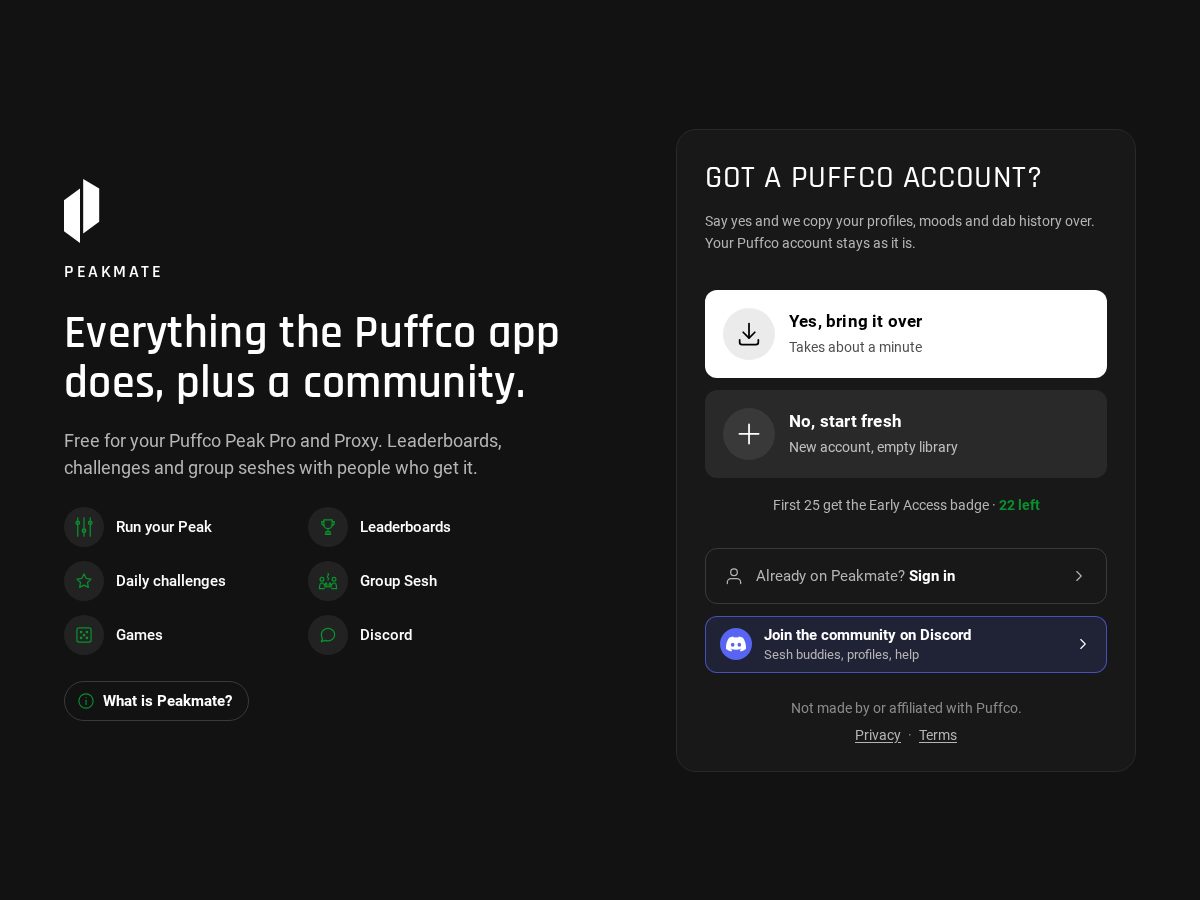 Landing-page snapshot of peakmate.app