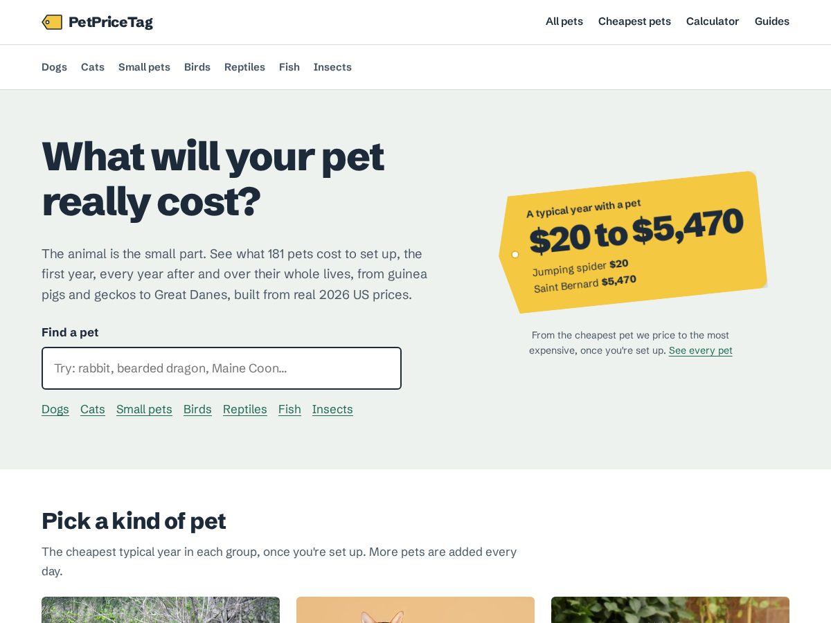 Landing-page snapshot of petpricetag.com