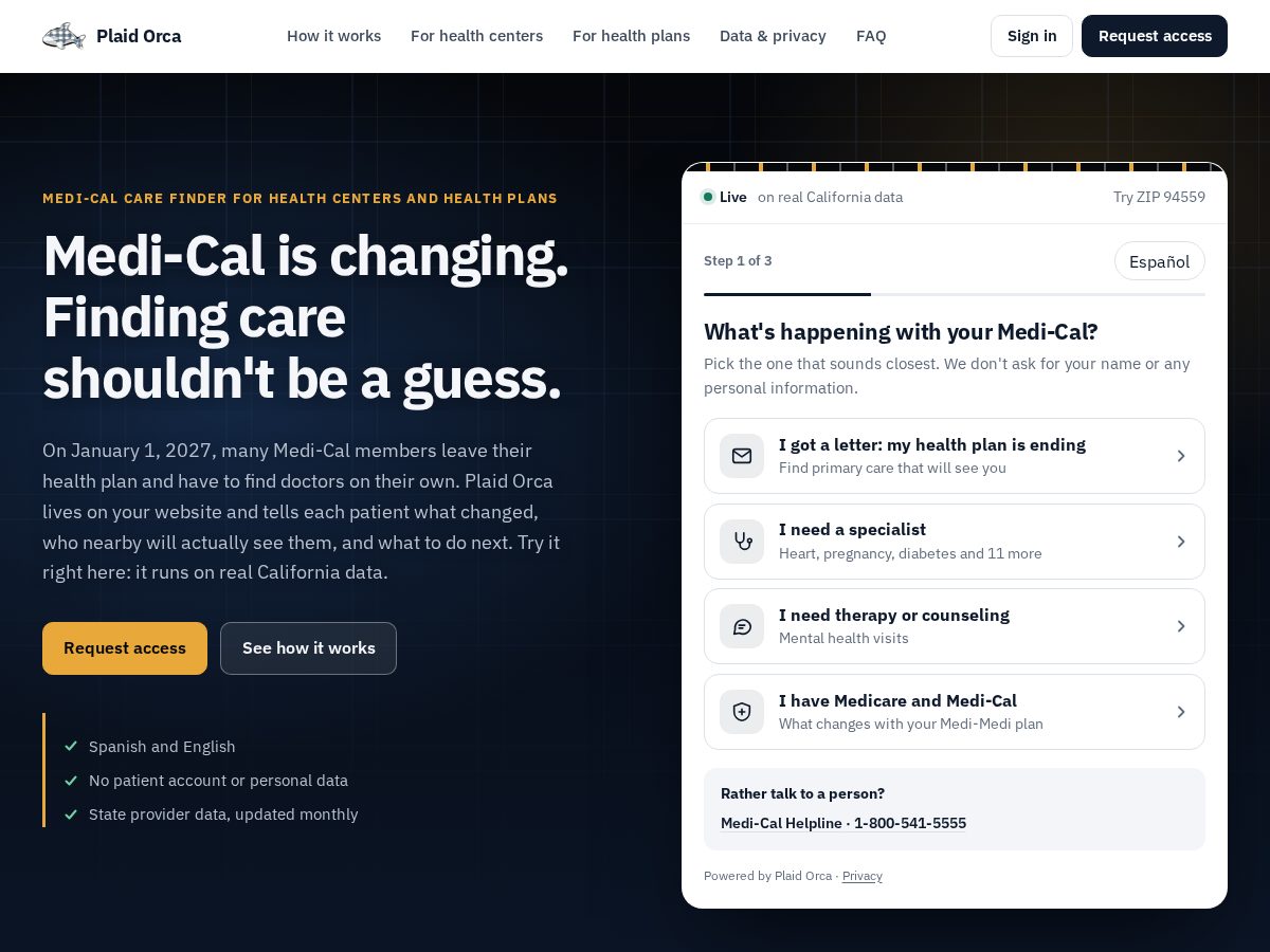 Landing-page snapshot of plaidorca.com