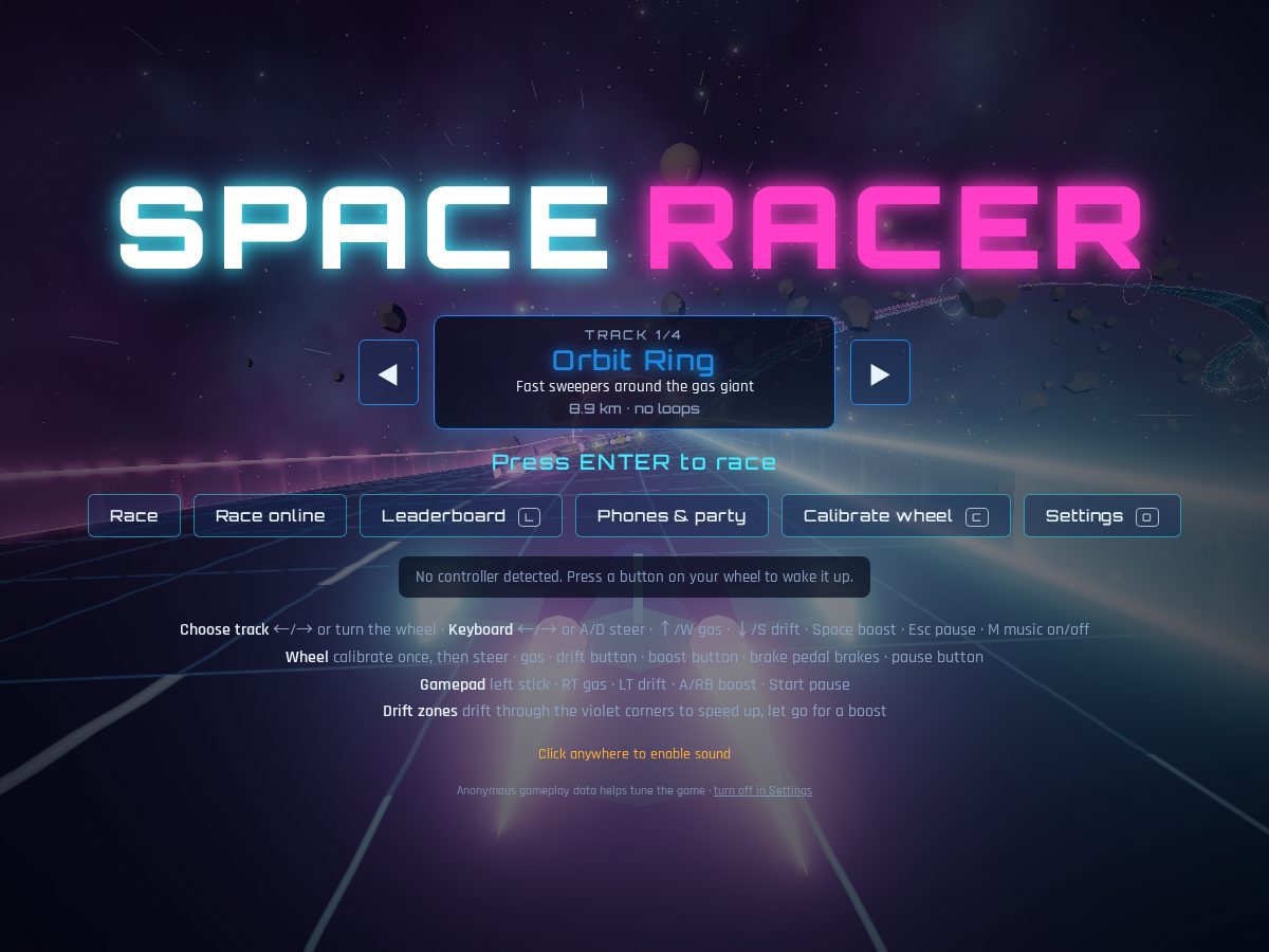 Landing-page snapshot of playspaceracer.com