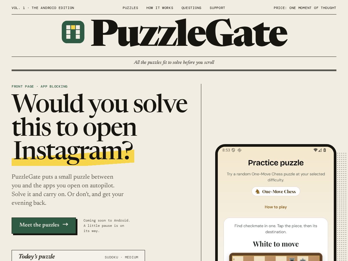 Landing-page snapshot of puzzlegate.app