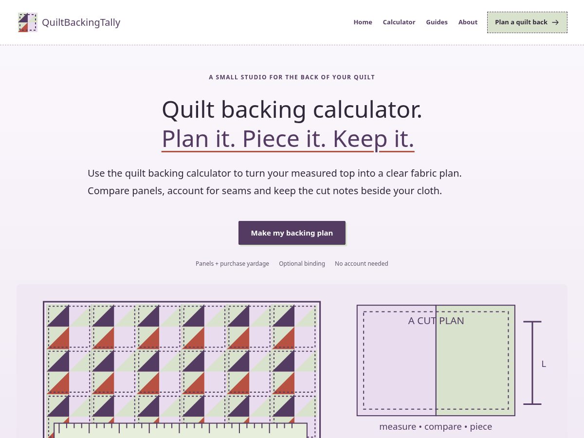 Landing-page snapshot of quiltbackingtally.com