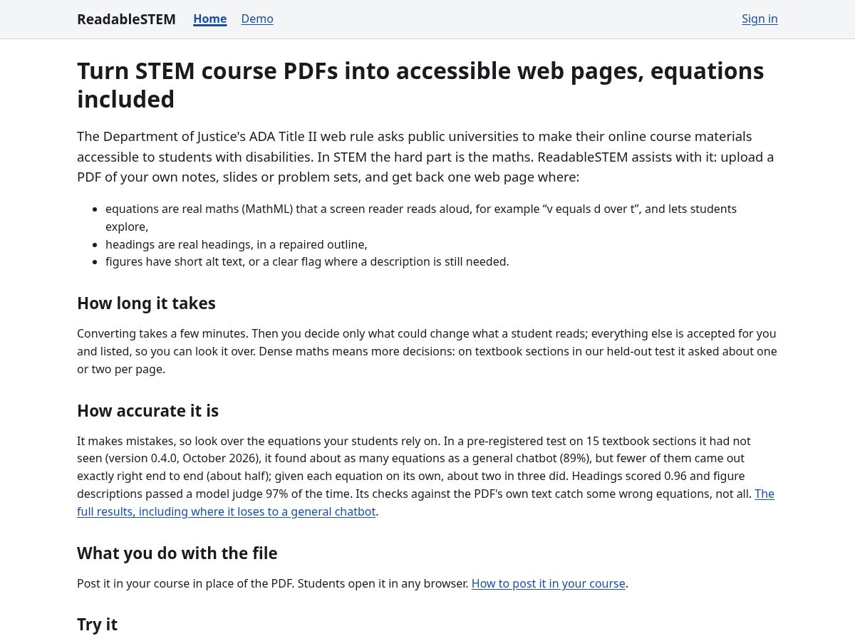 Landing-page snapshot of readablestem.com