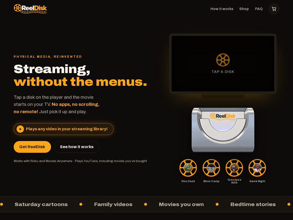 Landing-page snapshot of reeldisk.com