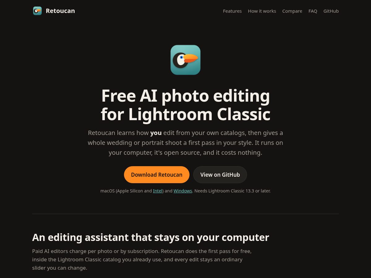 Landing-page snapshot of retoucan.com