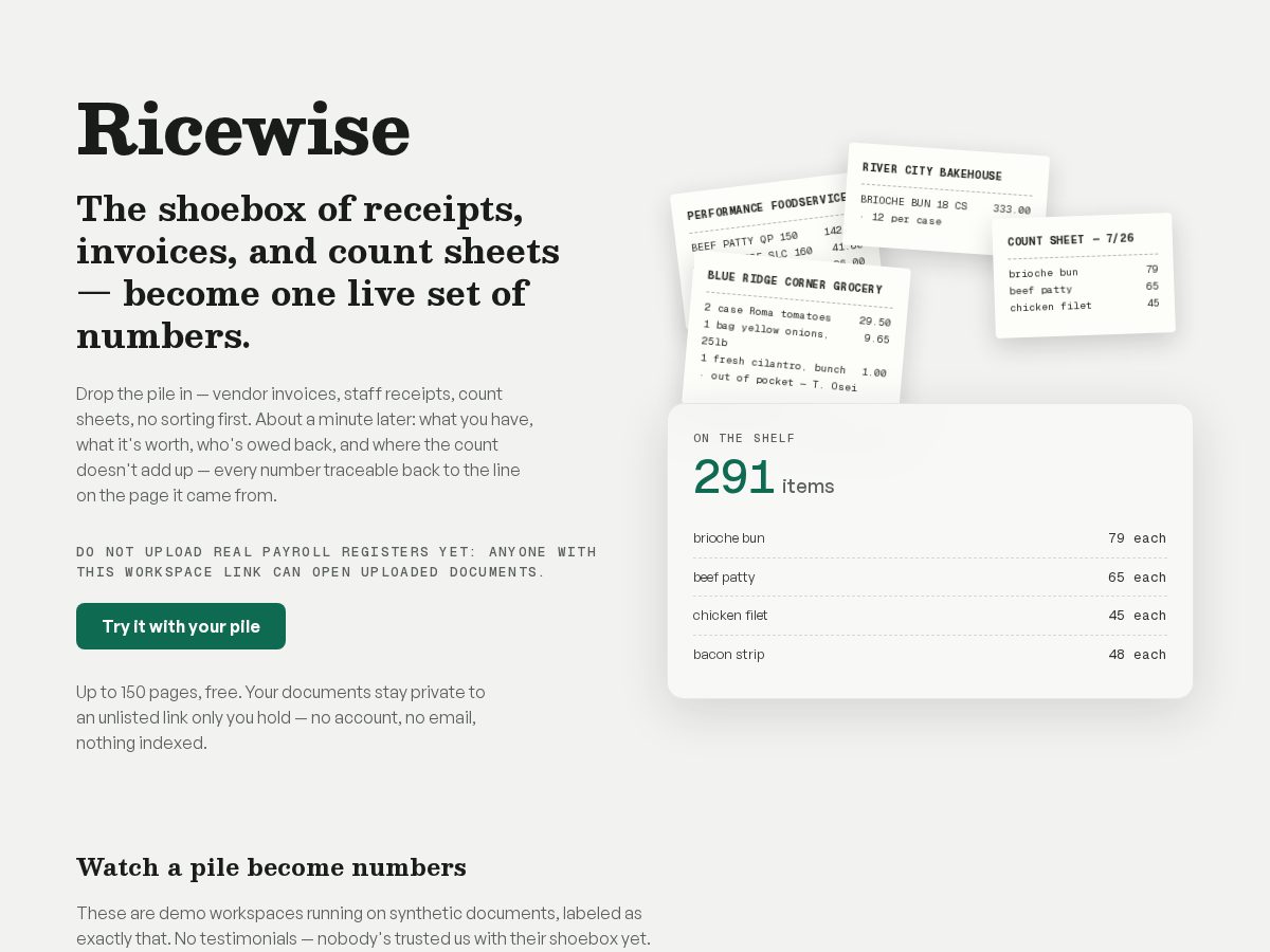 Landing-page snapshot of ricewise.app