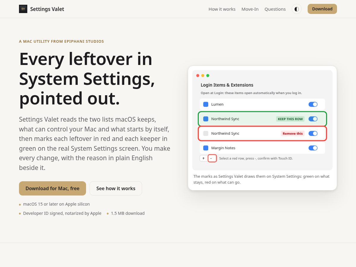 Landing-page snapshot of settingsvalet.com