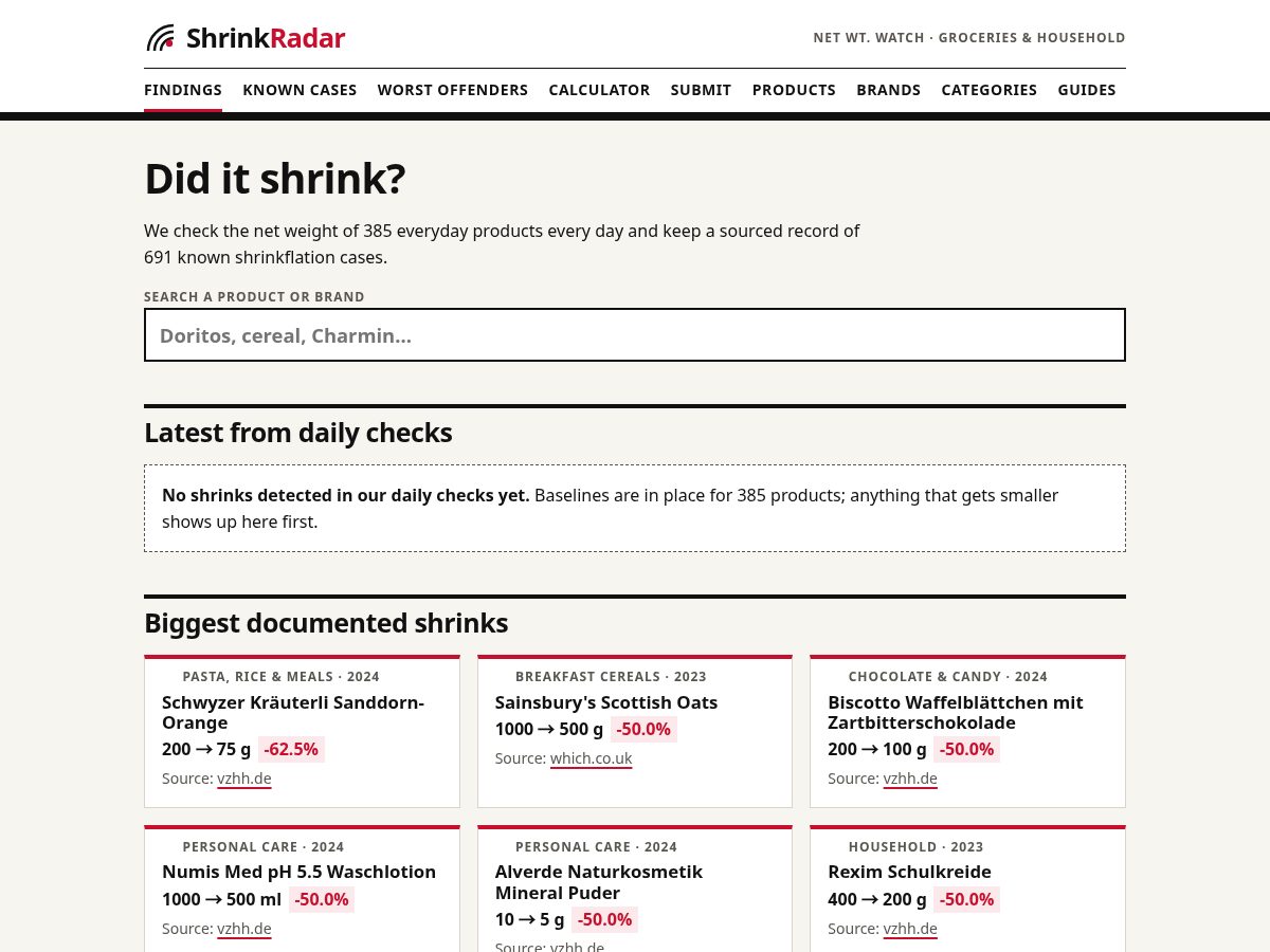 Landing-page snapshot of shrinkradar.com