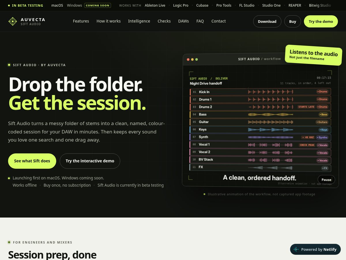 Landing-page snapshot of sift-audio.com