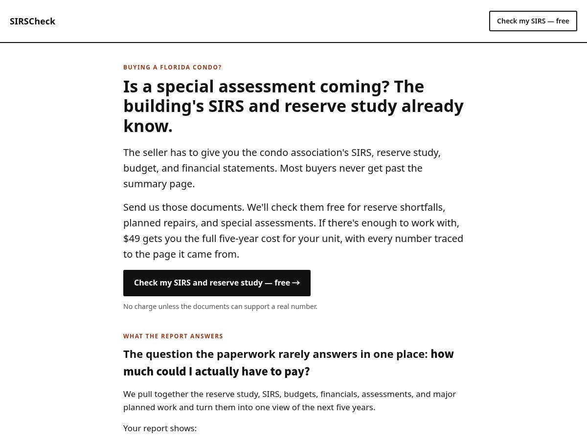 Landing-page snapshot of sirscheck.com