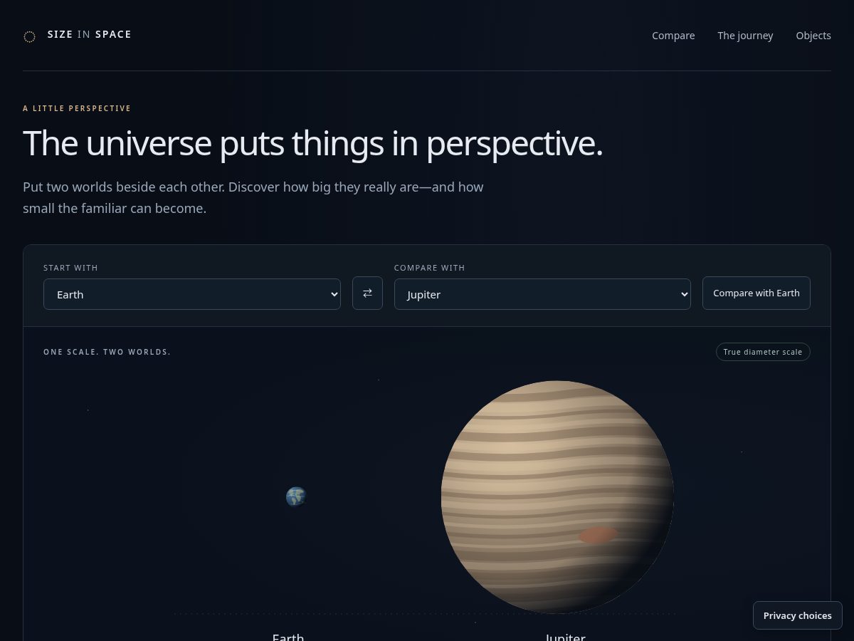 Landing-page snapshot of sizeinspace.com