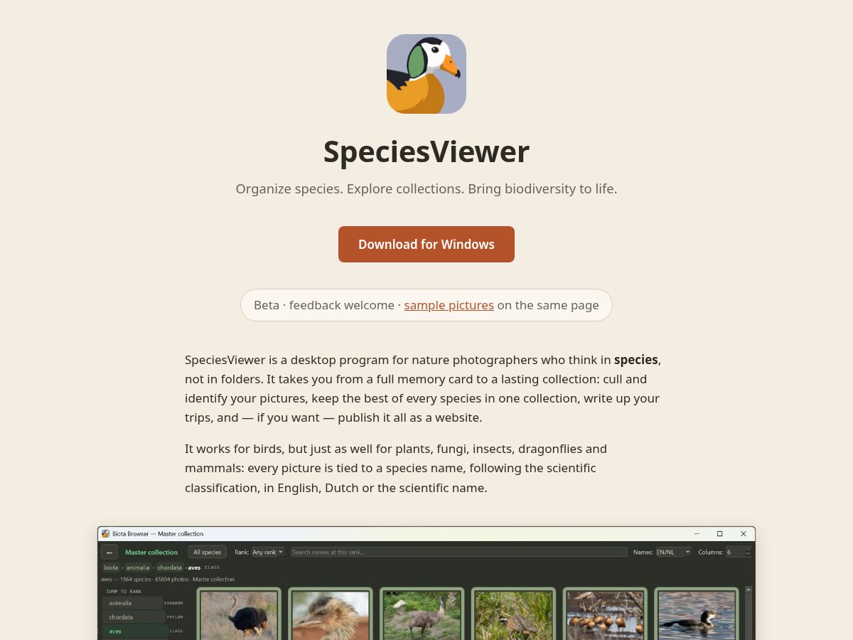 Landing-page snapshot of speciesviewer.com