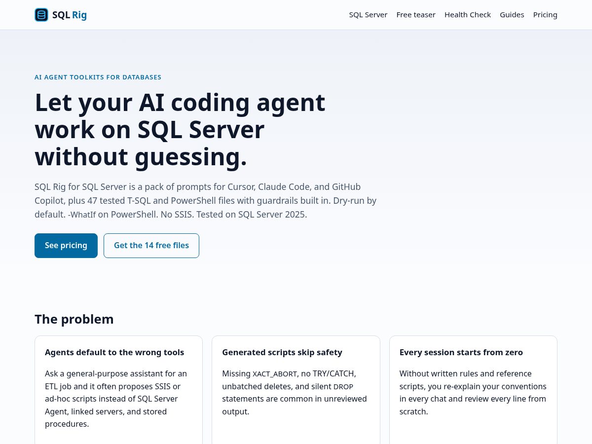 Landing-page snapshot of sqlrig.com