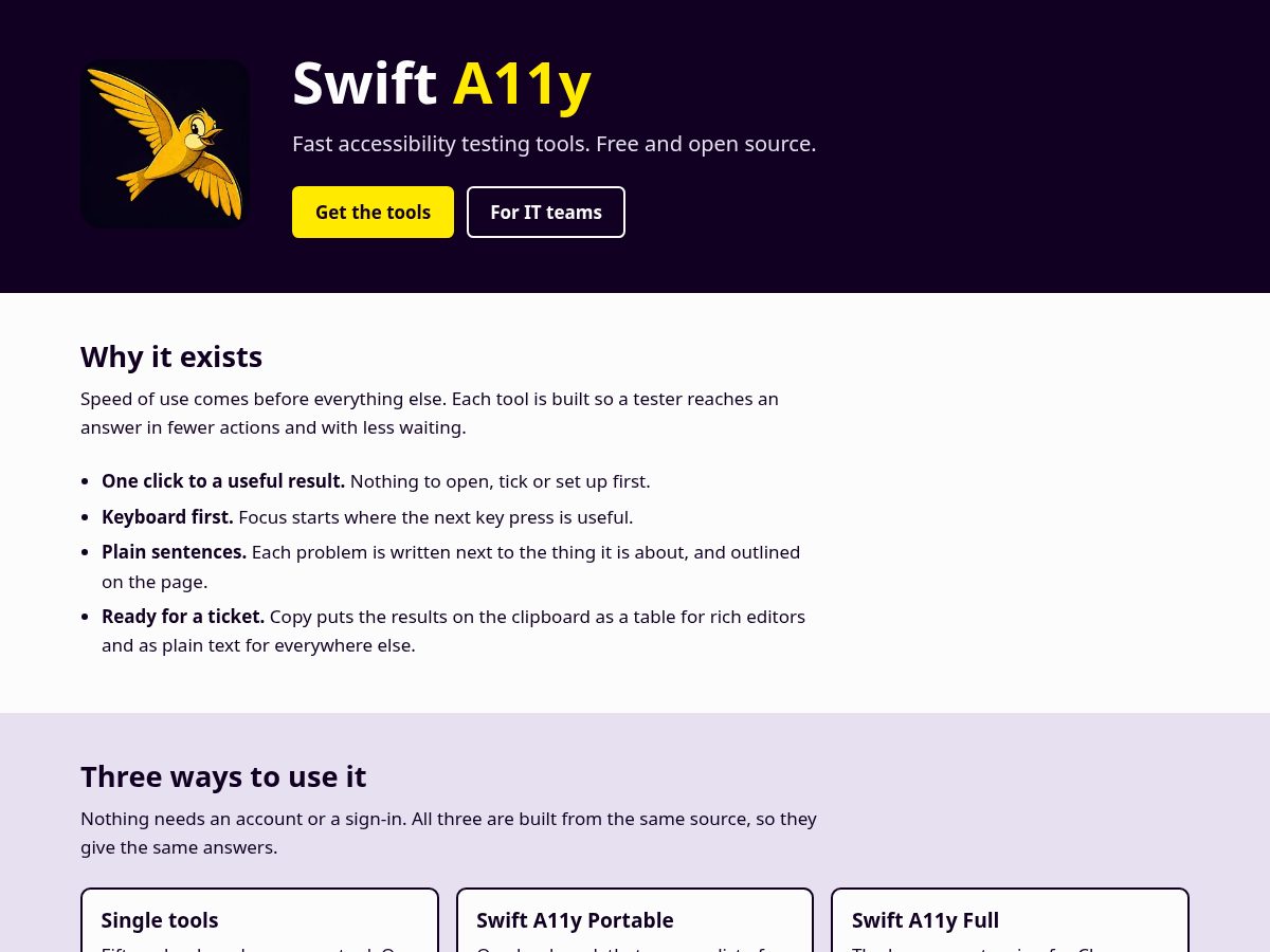 Landing-page snapshot of swifta11y.com