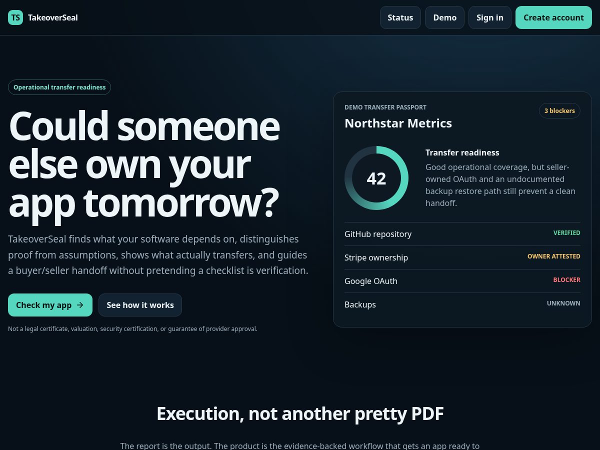 Landing-page snapshot of takeoverseal.app