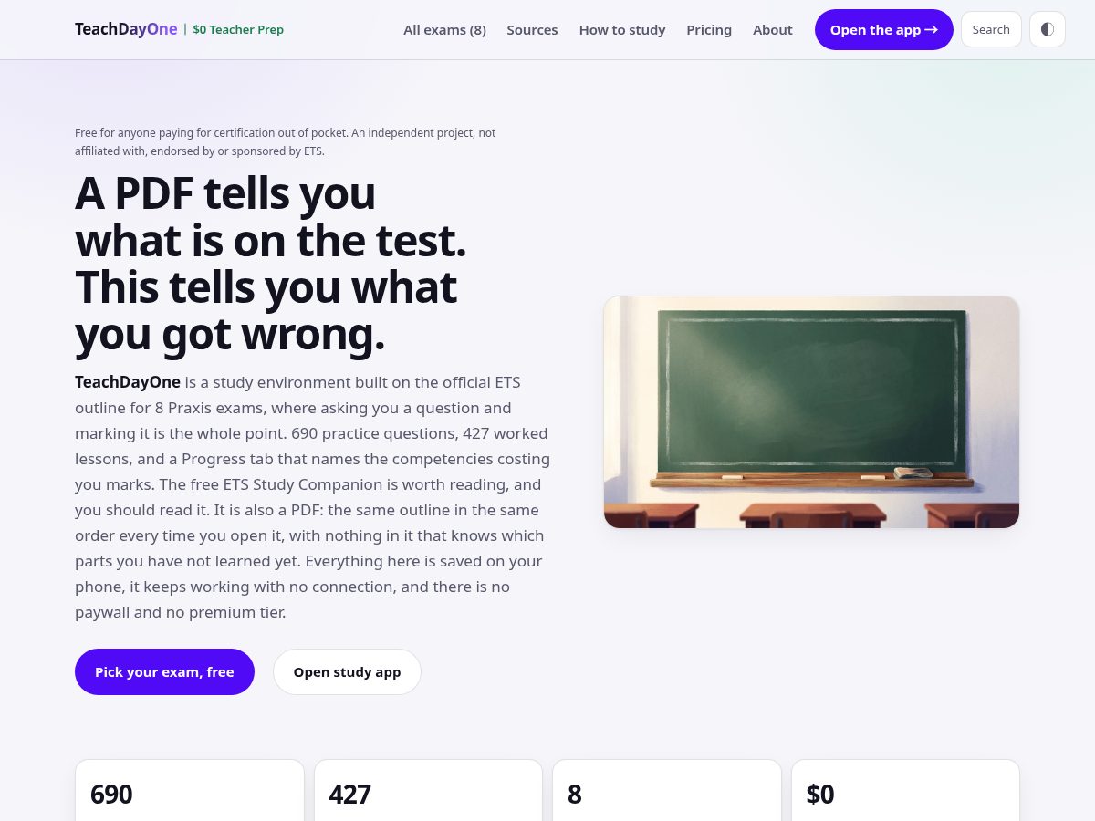 Landing-page snapshot of teachdayone.com