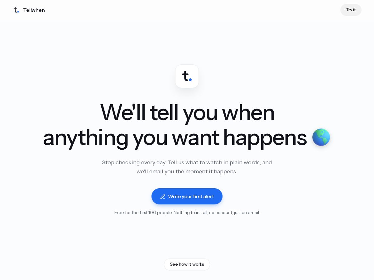 Landing-page snapshot of tellwhen.app