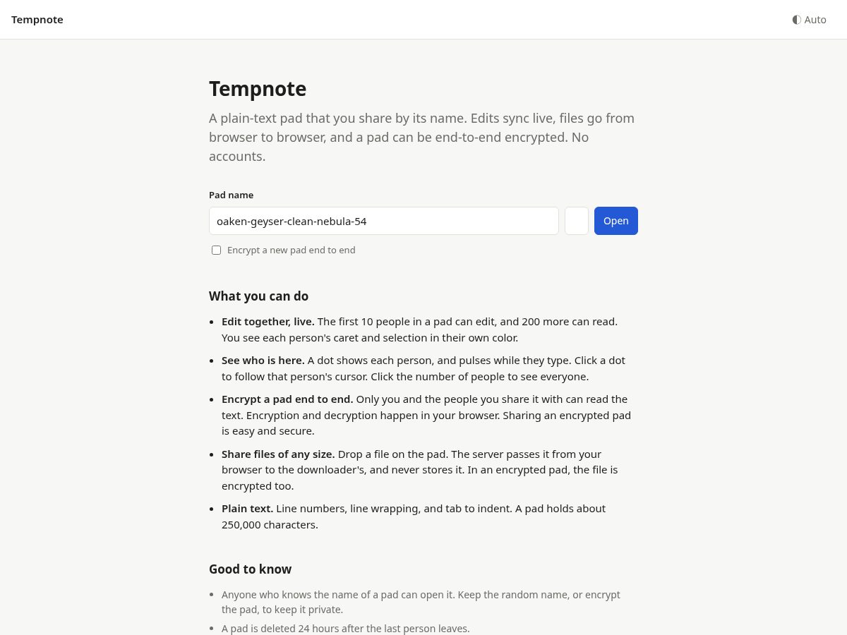 Landing-page snapshot of tempnote.app