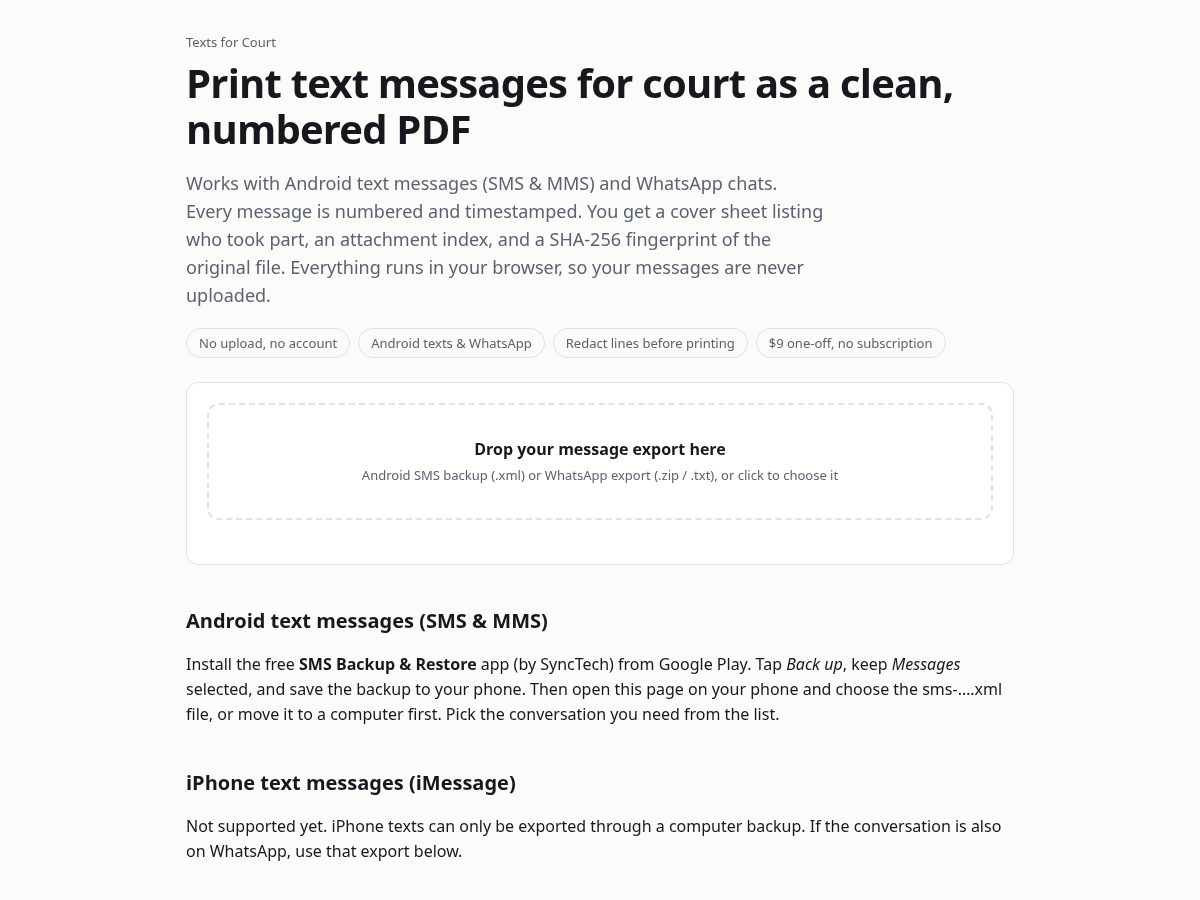 Landing-page snapshot of textsforcourt.com