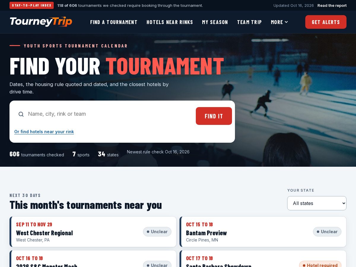 Landing-page snapshot of tourneytrip.com