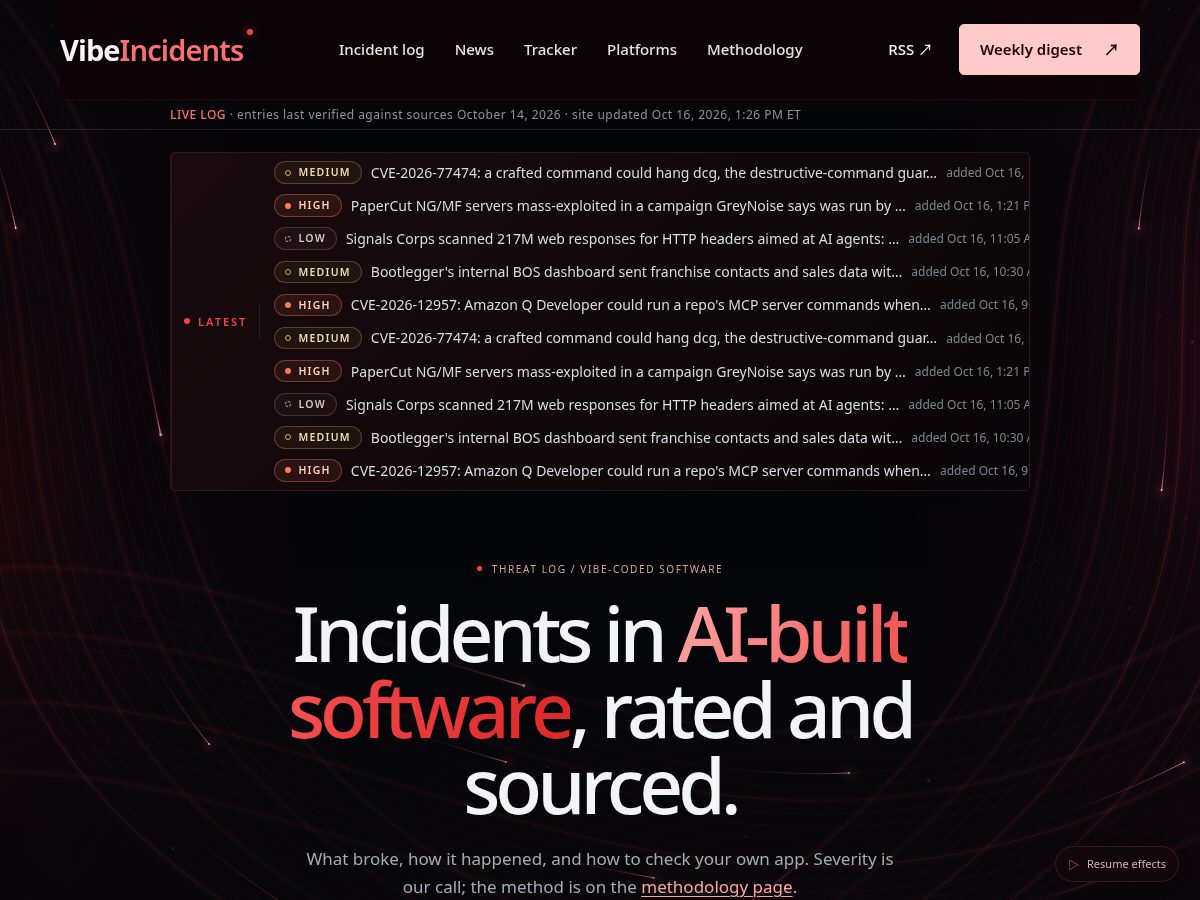 Landing-page snapshot of vibeincidents.com