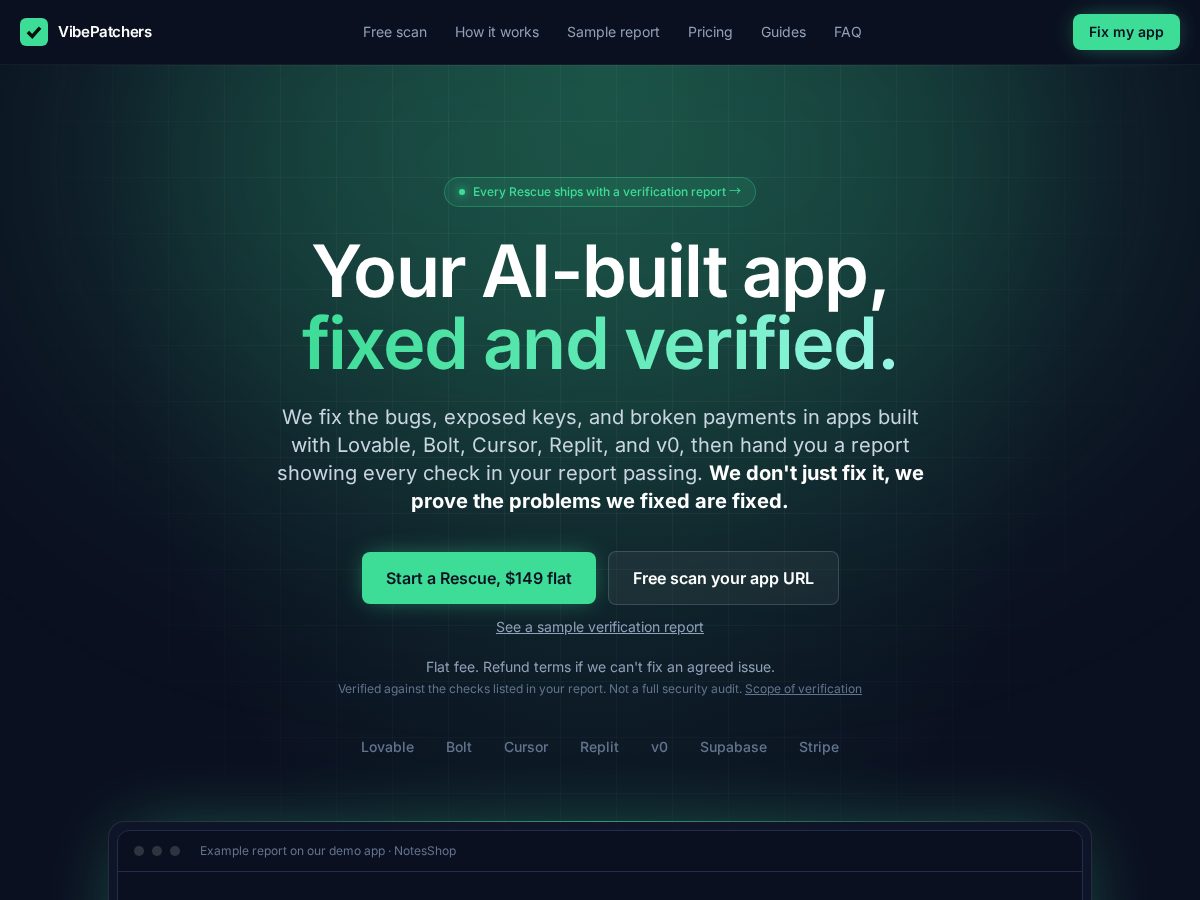 Landing-page snapshot of vibepatchers.com
