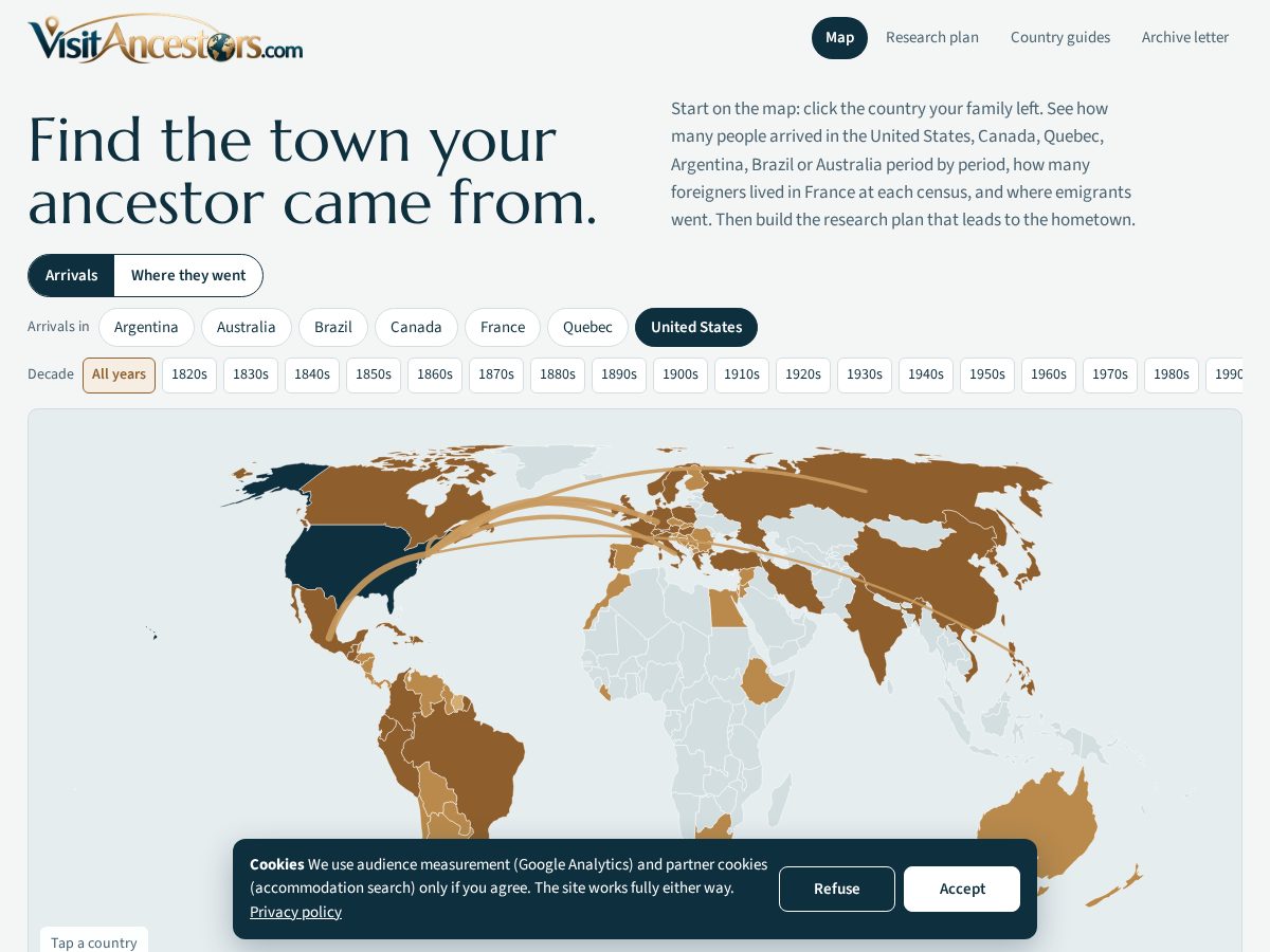 Landing-page snapshot of visitancestors.com