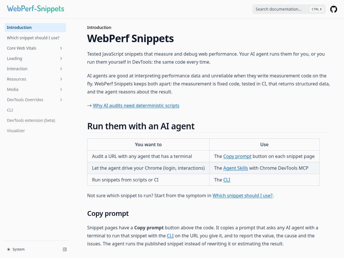 Landing-page snapshot of webperf-snippets.com
